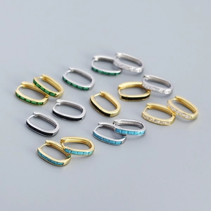 U-shaped S925 silver huggie earrings with colorful rectangular zirconia in gold and silver