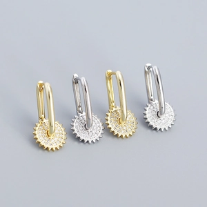 Boucles d'oreilles créoles U en argent s925 avec pendentifs engrenage zircon or et argent