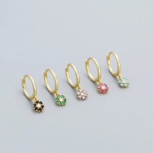 Set of five gold S925 silver hoop earrings with multi-colored zircon flower charms