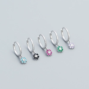 Set of five S925 sterling silver hoop earrings with colorful zircon flower pendants