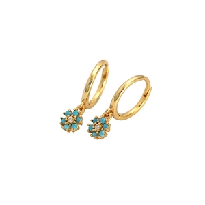 Elegant gold S925 silver hoop earrings with blue turquoise flower pendants and zircons
