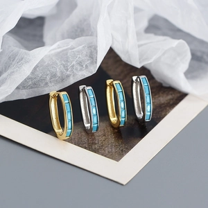 Detail of U-shaped gold and silver earrings with rectangular blue stones inlay