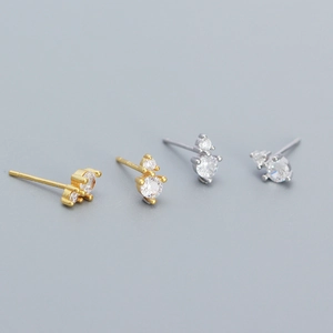 925 Sterling Silver Double Stone Stud Earrings For Women Minimalist Small Rhinestone Earrings Platinum Gold Plated Jewelry