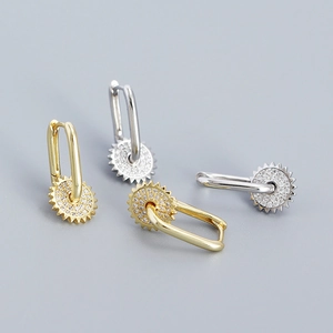 Boucles d'Oreilles Créoles en Forme de U en Argent Sterling 925 pour Femmes Minimaliste Engrenage Rond Strass Bijoux Géométriques