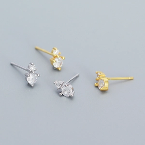 Exquisite 925 sterling silver stud earrings with double zircon stones in gold and silver