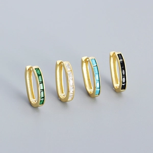 Set of four S925 silver U-shaped huggie earrings with colorful zircon rectangular stones