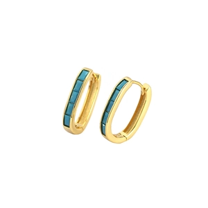 Elegant gold oval huggie earrings featuring a row of rectangular turquoise stones