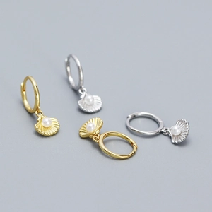 Ocean Style Shell Artificial Pearl Hoop Earrings S925 Sterling Silver Dangle Ear Buckles Elegant Jewelry For Women