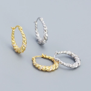 925 Sterling Silver Twisted Braid Hoop Earrings For Women Pave Rhinestone U-Shaped Earrings French Vintage Style Jewelry