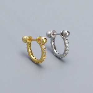 S925 sterling silver U-shaped hoop earrings with paved cubic zirconia and screw ball backs