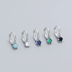 Minimalist S925 sterling silver hoop earrings with six-prong set colorful zircons