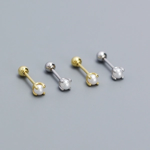 S925 silver pearl barbell stud earrings set in gold and silver finish with screw backs