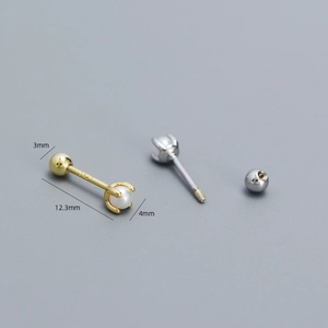 Macro detail of S925 silver pearl stud earrings showing screw back design and 4mm size