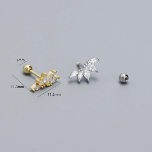 Detail showing gold and silver leaf earrings with marquise zircon and ball screw back