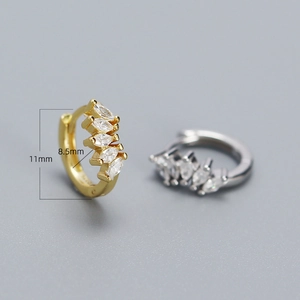 Detail view of 11mm marquise-cut zircon hoop earrings in gold and silver plating