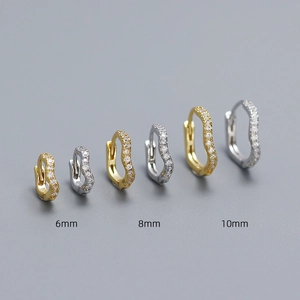 S925 silver wave-shaped hoop earrings with zircons in 6mm, 8mm, and 10mm sizes