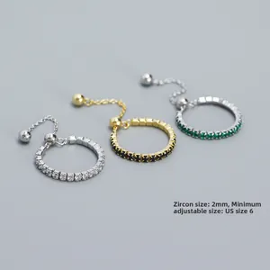 Anillos de cadena ajustables en plata S925 con circonitas de 2mm y cierre de bola tirador