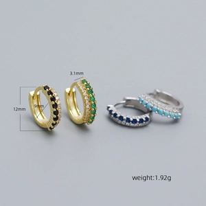 Detail of S925 silver huggie earrings with colorful stones and white cubic zirconia accents