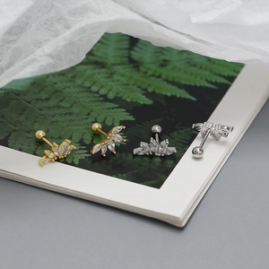 Macro detail of S925 silver fan-shaped marquise zircon stud earrings with screw ball backs