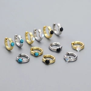 Boucles d'Oreilles Créoles Huggie en Argent Sterling 925 pour Femmes Turquoise Synthétique Pierre de Lune Onyx Noir Or Argent Bijoux
