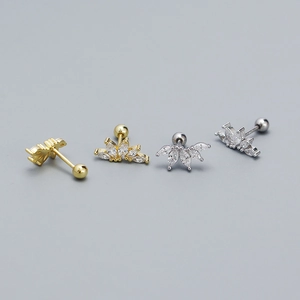 Elegant crown shaped s925 silver stud earrings with marquise zircon and ball back design