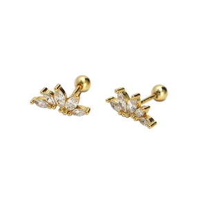 Golden S925 silver crown stud earrings featuring marquise-cut zircon with screw backs