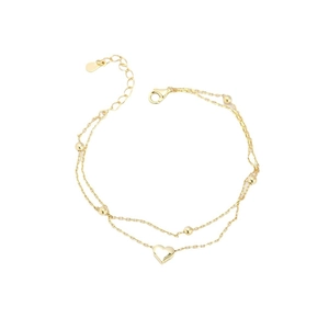 Elegant s925 silver double-layer gold bracelet with heart charm and small beads