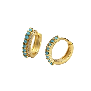 Gold plated S925 silver hoop earrings with double-row turquoise and zircon stones