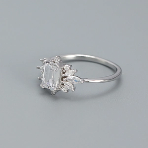 Elegant S925 sterling silver ring with emerald cut zircon and marquise side stones