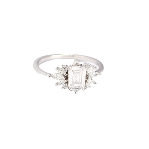 Elegant S925 sterling silver ring with emerald cut zircon and marquise cluster setting