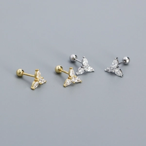 925 Sterling Silver Triangle Clover Stud Earrings Rhinestone Inlaid Screw Back Cartilage Piercing Jewelry For Women