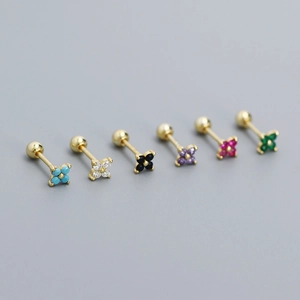 S925 silver four-leaf clover flower earrings with colorful zircon and screw ball backings