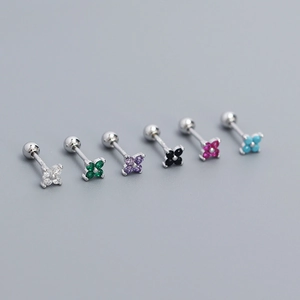 S925 sterling silver clover stud earrings featuring colorful zircon and screw ball backs