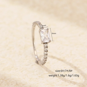 S925 sterling silver ring with 4x6mm rectangular zircon and sparkling side stones