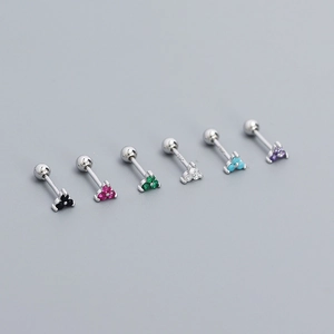 Set of six S925 sterling silver clover stud earrings with colorful zircon gemstones
