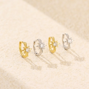 S925 sterling silver star huggie earrings with sparkling cubic zirconia in gold and silver