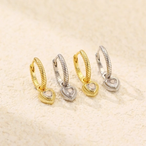 Elegant S925 silver heart hoop earrings with zircon stones in gold and silver finish