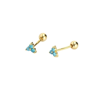 Golden S925 silver clover stud earrings with sky blue beads and screw ball backs