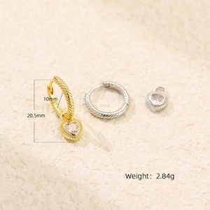 S925 sterling silver heart earrings with twisted rope design and sparkling zircon stone