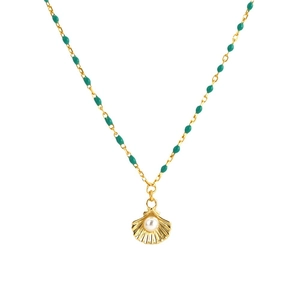 Elegante collana in argento S925 dorato con conchiglia, perla bianca e perline verdi su bianco