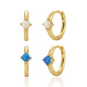 S925 Sterling Silver Opal Hoop Earrings For Women Minimalist Gold Silver Plated Blue White Round Gemstone Jewelry Earrings