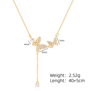 French style S925 silver butterfly necklace with tassel pearls and sparkling crystals