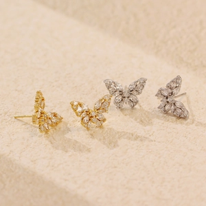 Elegant gold and silver butterfly stud earrings with sparkling marquise-cut zircon stones
