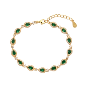 Bracelet Vintage en Argent Sterling 925 Goutte d'Eau Vert Émeraude Luxe Forme de Poire Incrusté de Strass Bijoux pour Femmes Fête Mariage Cadeau de Bijoux de Main