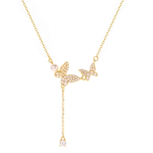 French Style Butterfly Necklace 925 Sterling Silver Artificial Pearl Tassel Zirconia Inlaid Clavicle Chain For Women Jewelry