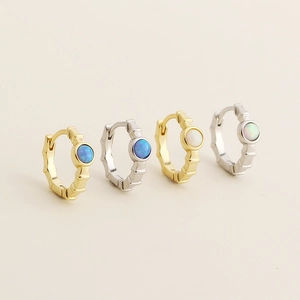 Boucles d'oreilles en argent S925 motif bambou avec opales rondes en doré et argenté