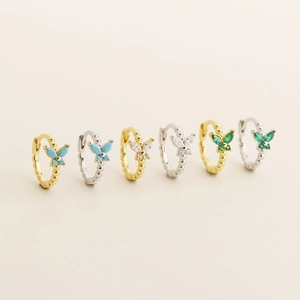 Boucles d'oreilles créoles papillon en argent S925 avec zircons colorés et anneaux dorés