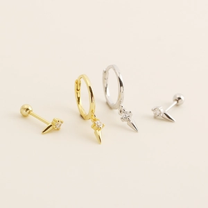 Minimalist S925 silver rivet huggie earrings with gold and silver conical zircon studs