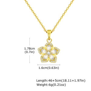 Detail view of rotating five-petal flower pendant with dimensions and weight specs