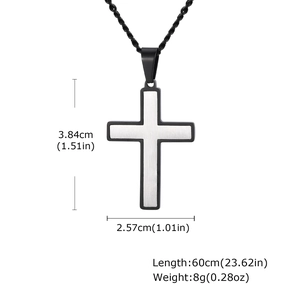 Minimalist two-tone stainless steel cross pendant necklace with black and silver finish
